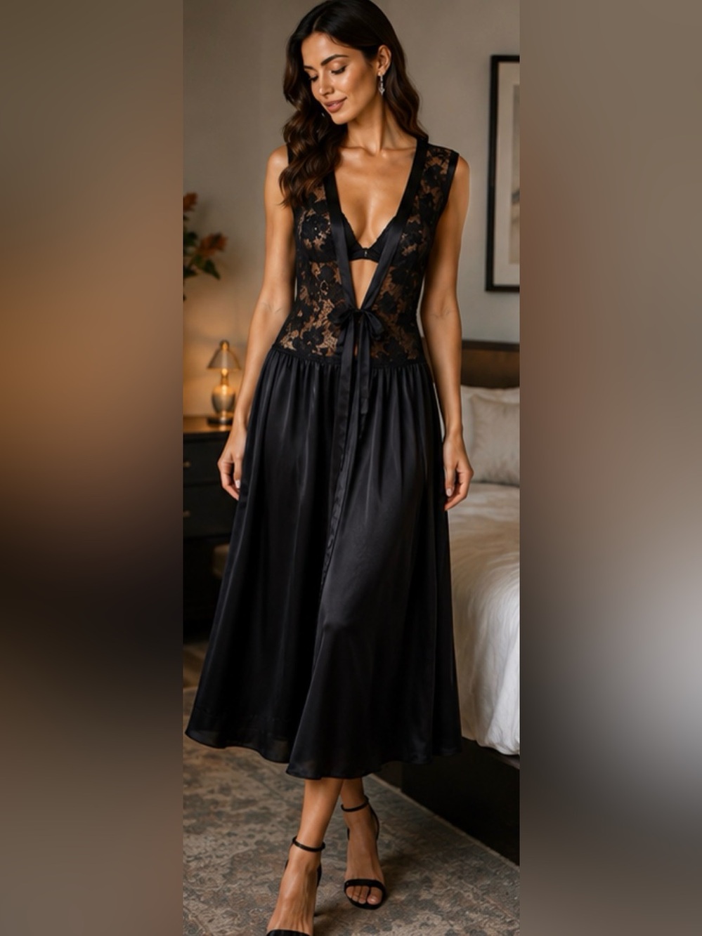 Vintage100% silk Sonia Rykiel Black Lace & Satin Tie-Front Nightgown/ Midi Dress